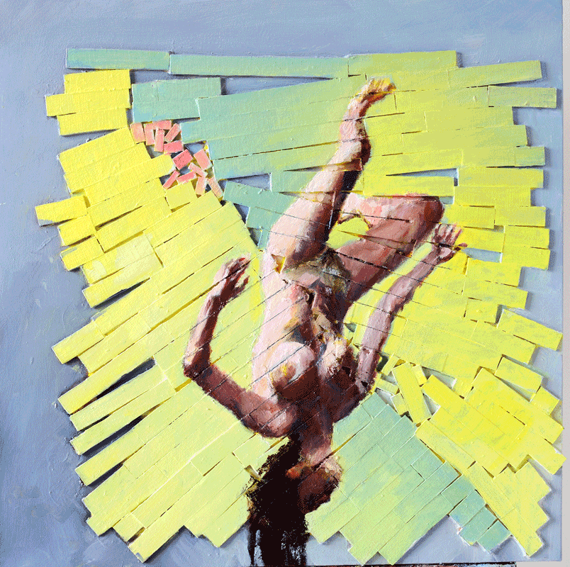 Nude Woman Suspended from Trapezium in Explosive Yellow Universe